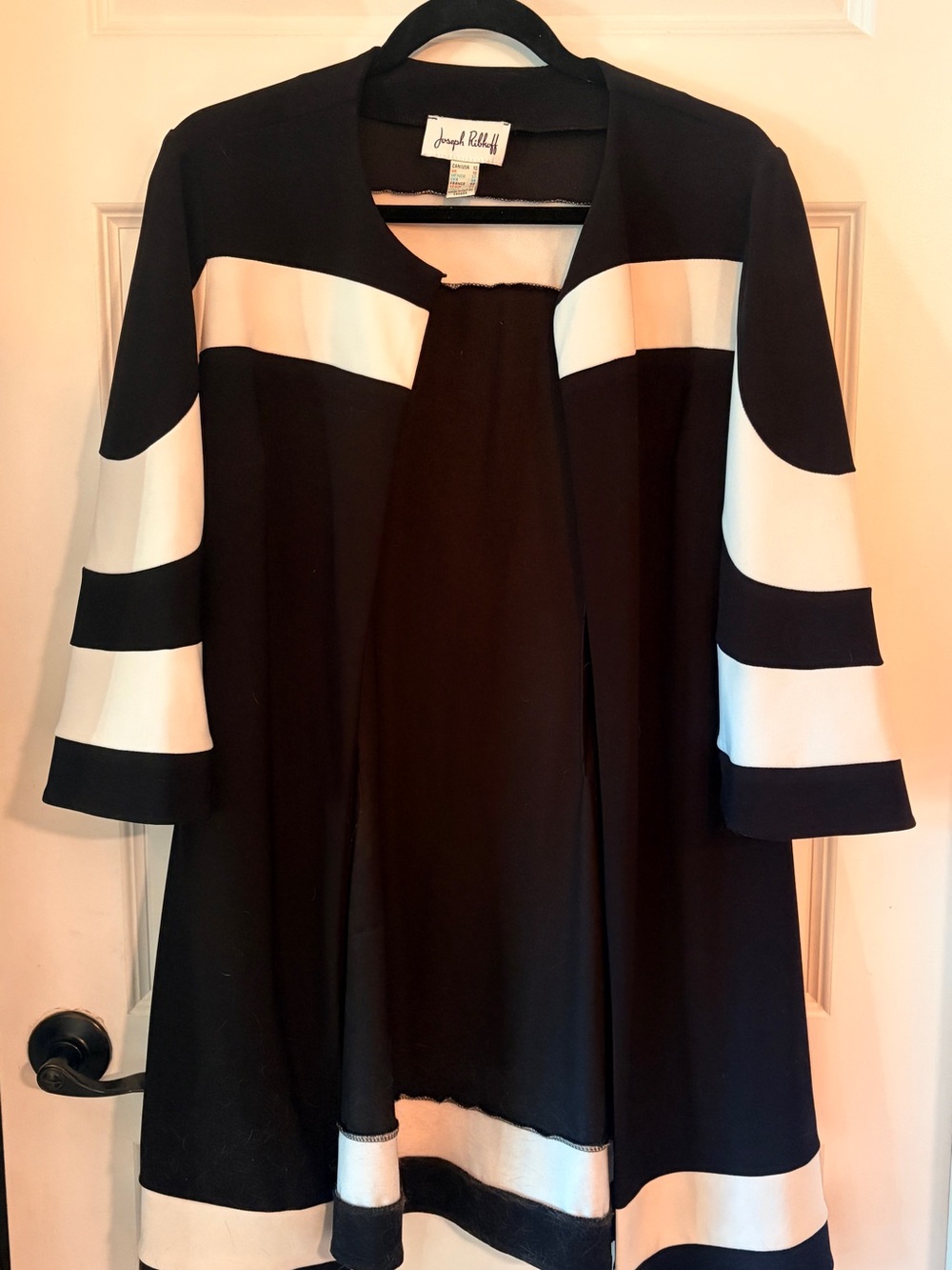 Joseph Ribkoff Black & White Open-Front Tunic with Striped Sleeves